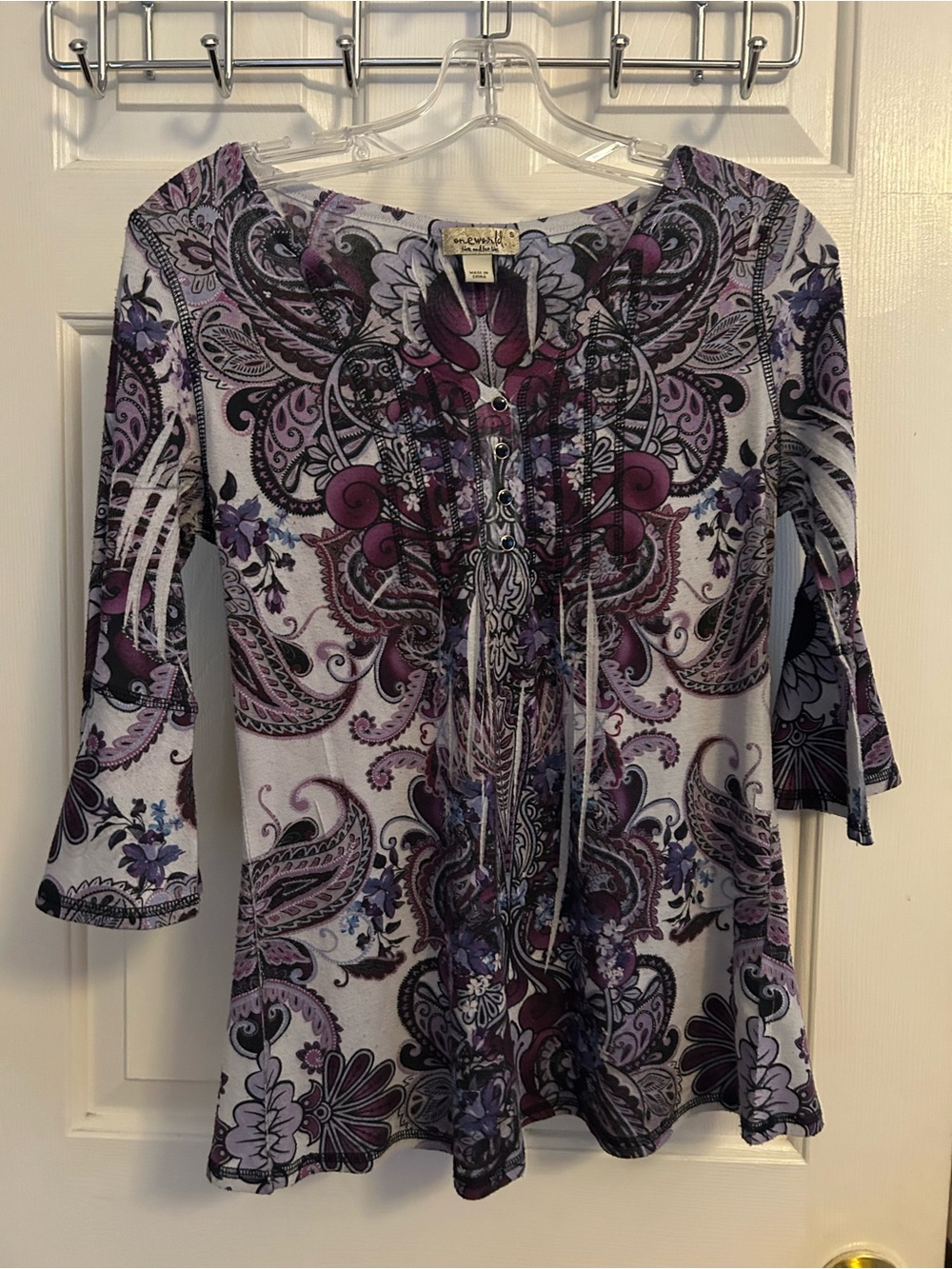 ONE WORLD Purple Paisley Tie-Front Tunic Top